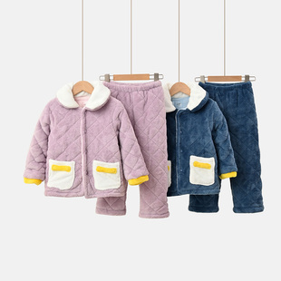 加厚款 珊瑚绒夹丝棉家居服套装 三层保暖 儿童睡衣睡裤 冬季童装