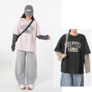 春秋款 女士假两件破洞卫衣 减龄T恤 大码 圆领小毛圈宽松休闲上衣