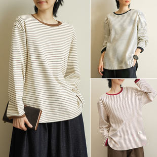 微落肩圆弧下摆宽松打底衫 T恤 秋k 棉质细条纹女士圆领长袖 290g