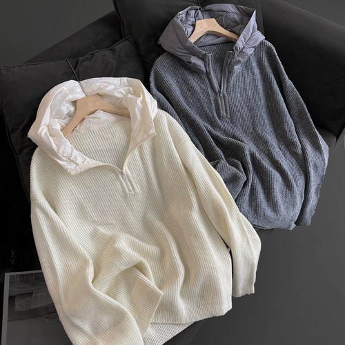 女士拼接连帽半拉链毛衣