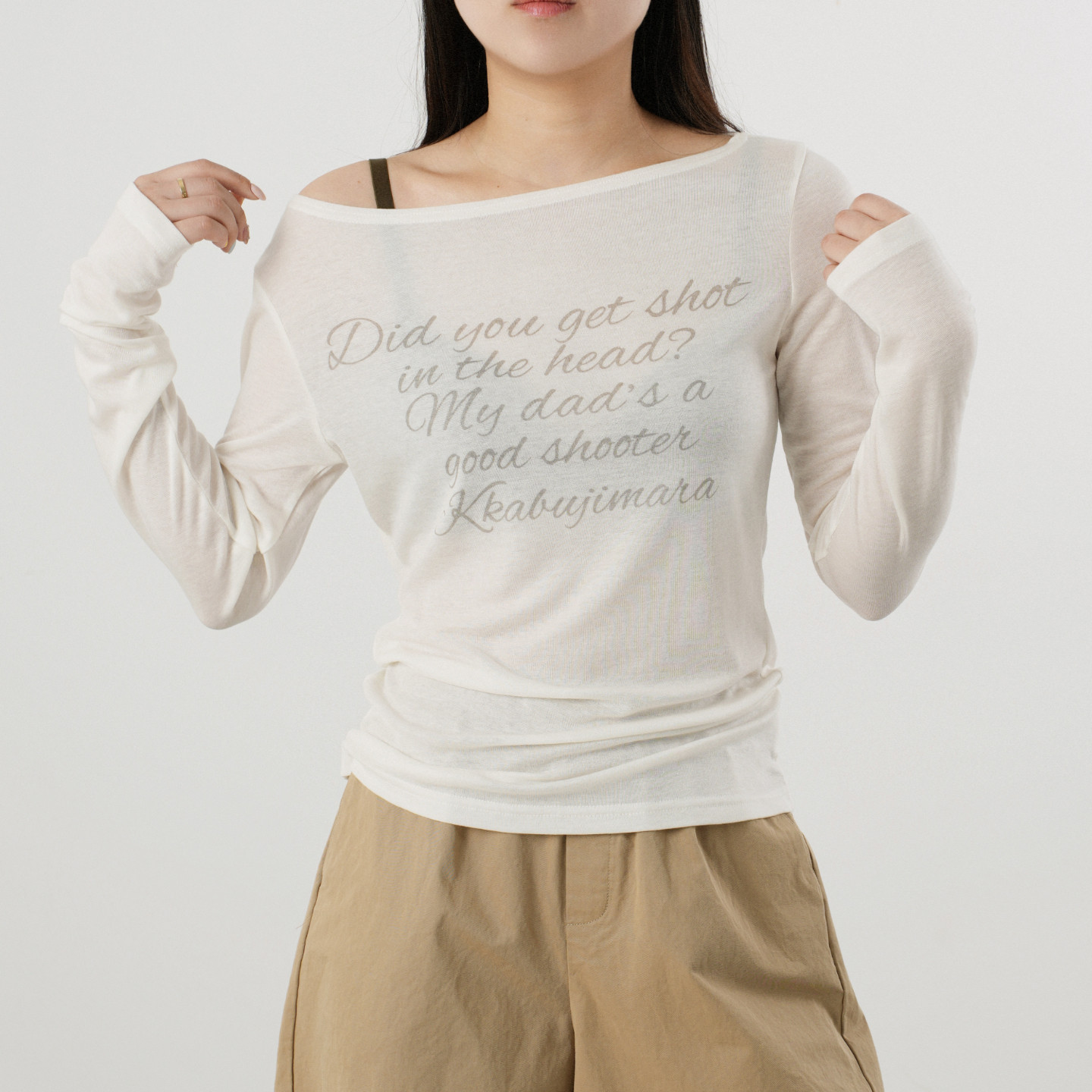 骨感修身款 女士莱赛尔羊毛一字领印花长袖T微透薄款女装 春款
