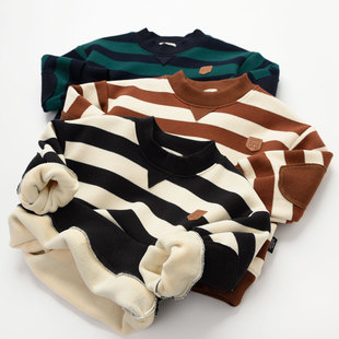 儿童珠地棉加绒卫衣 男女童条纹打底衫 保暖上衣中大童秋冬款童装