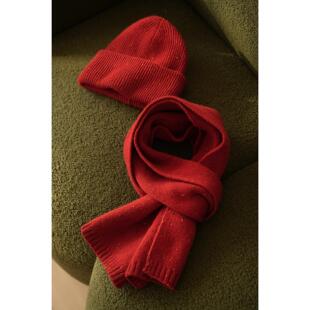 新年款 全羊毛点子纱围巾+针织帽 女士复古新年红围脖毛线盆帽