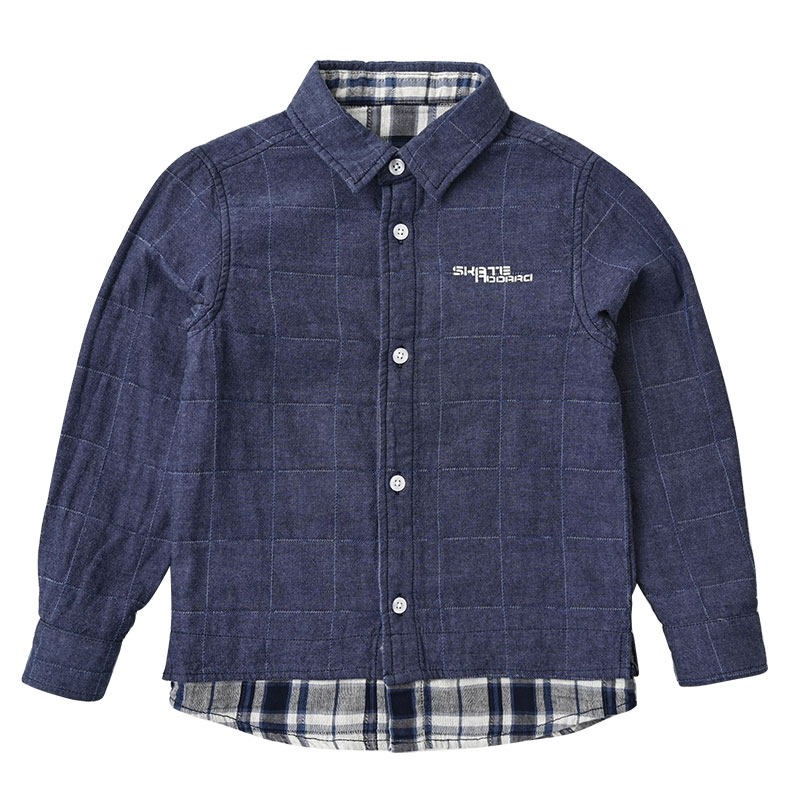 儿童纯棉双层长袖衬衣  男童女童仿牛仔格子衬衫中大童上衣 秋款