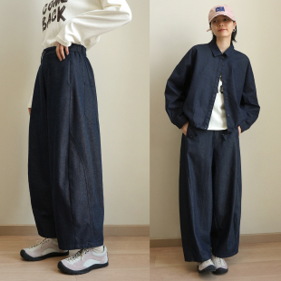 女士半松紧腰宽松休闲裤 落色丹宁 350g棉质茧型阔腿牛仔裤