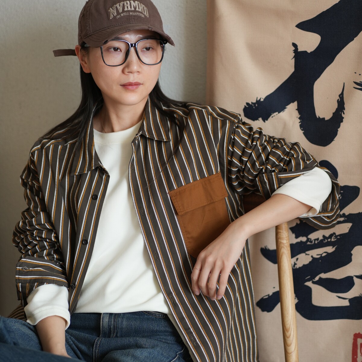 情侣款 女士纯棉条纹衬衫 男士全棉拼色口袋长袖外套上衣 春秋款