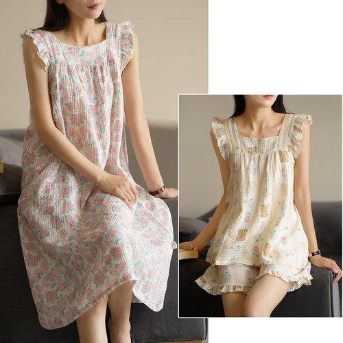 女士全棉泡泡纱家居服背心套装
