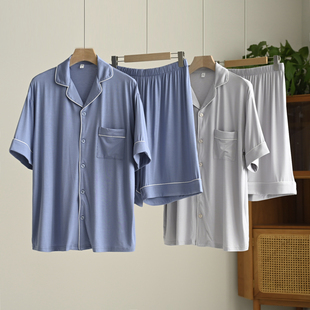 男士优可丝翻领家居服套装 薄款短袖短裤睡衣 起居服 夏款 男装