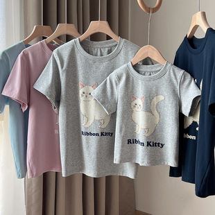 上衣170大童童装 亲子款 男童女童夏季 儿童圆领上衣T恤 猫咪短袖