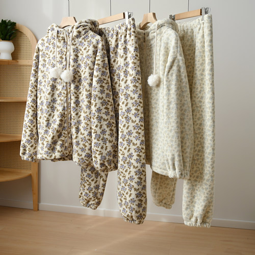 女士雪粒绒连帽家居服套装冬款