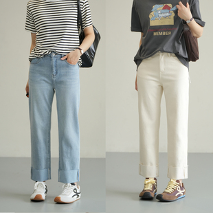 女装 女士卷边烟管牛仔裤 春款 简约休闲九分裤 百搭弹力直筒裤