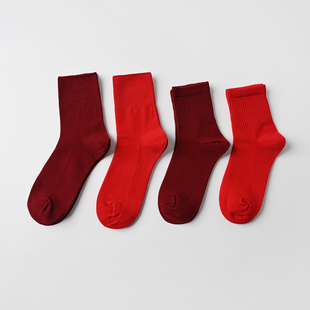 红色女士袜子 加厚中筒棉袜 吸汗透气无骨松口长袜 保暖纯色