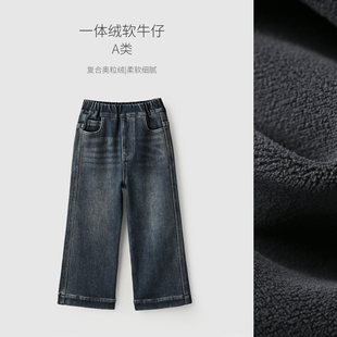 童装 一体绒软牛仔 中大童 女童直筒长裤 儿童水洗加绒牛仔裤