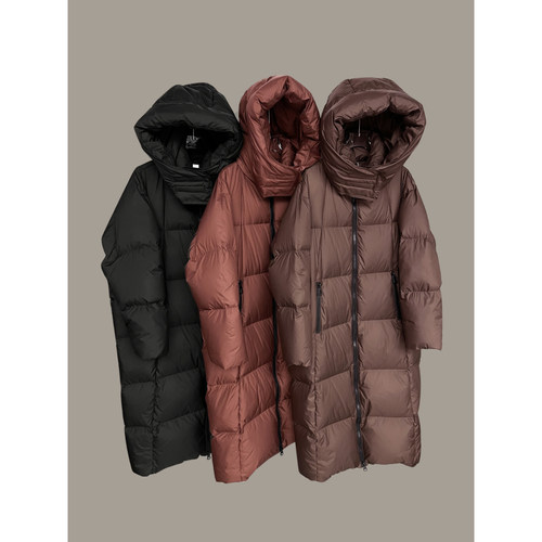 90白鸭绒女士长款连帽羽绒服