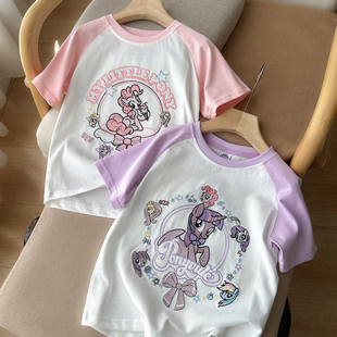 童装 儿童拼色圆领短袖 中大童棉质打底衫 插肩袖 刺绣卡通T恤