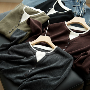 假两件圆领毛衣 春秋款 修身 上衣 百搭正肩长袖 女士全羊毛针织衫