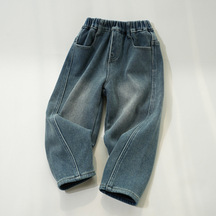 儿童水洗牛仔裤 冬款 男女童加绒老爹裤 山东网店 中大童 一体绒