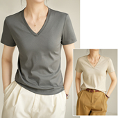 山东网店女装 基础V领 液氨纯棉T恤女士短袖 50支匹马全棉双面丝光