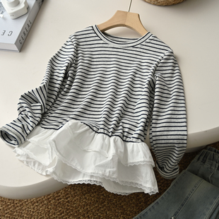 中大童 假两件拼接荷叶裙摆 女童打底衫 上衣 春秋 儿童条纹裙式