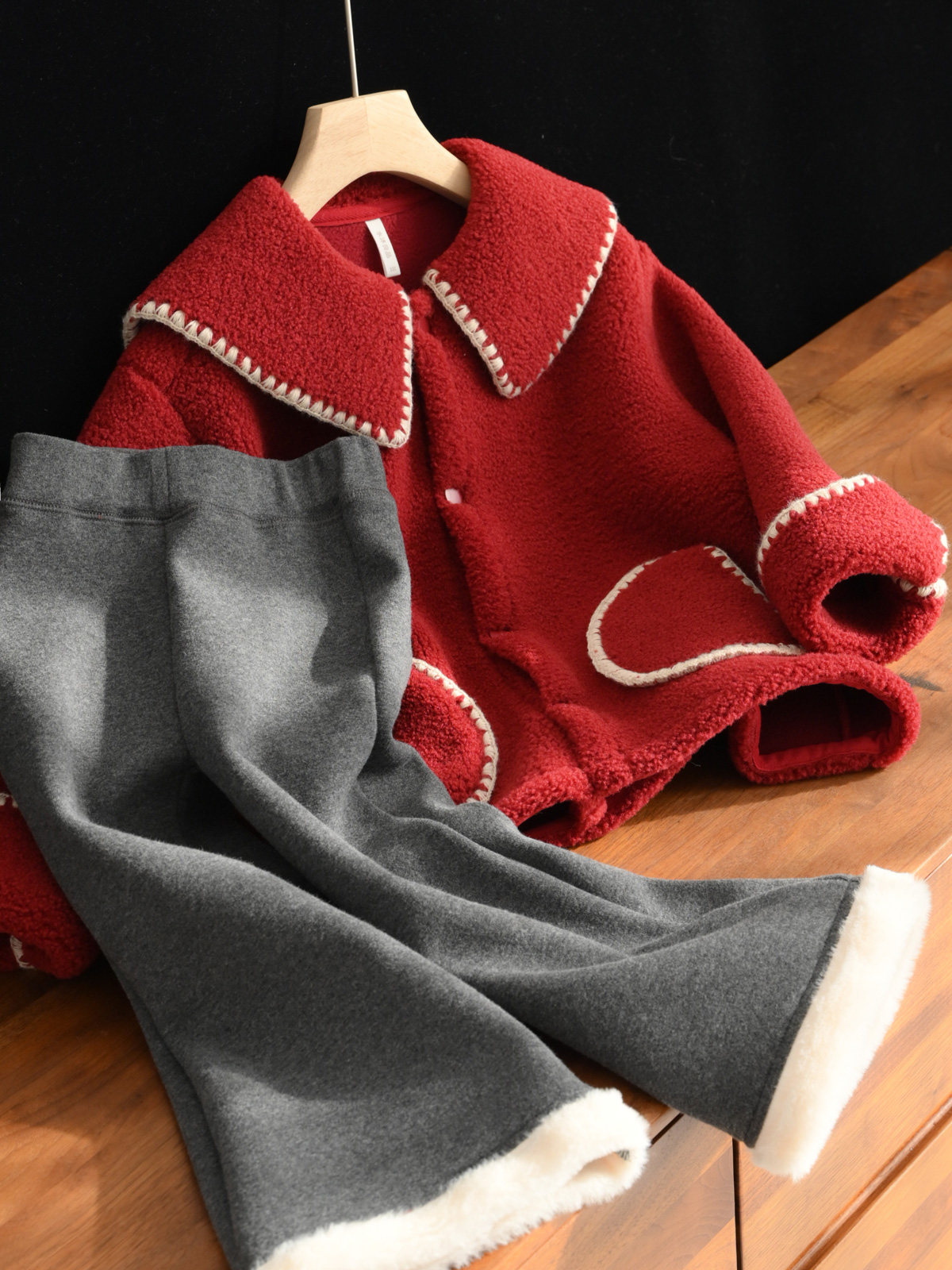 아동복 단발 여아 모조 셰르파 재킷 가디건 중대형 아동용 플러스 벨벳 부츠컷 팬츠 겨울 스타일