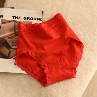 大红内衣 弹力平角裤 喜庆新年红 女士纯棉高腰护肚蕾丝内裤