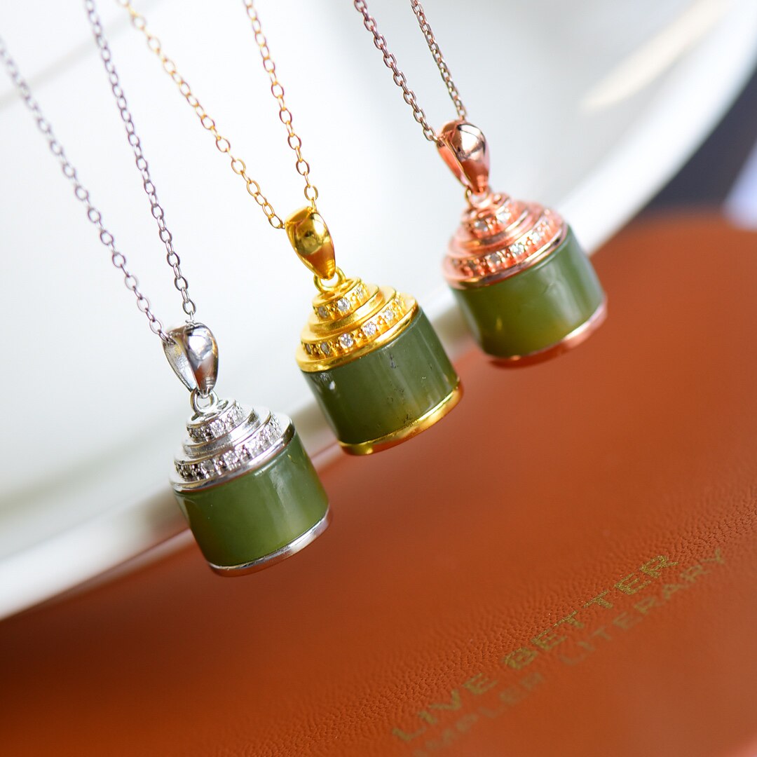 和田玉s925银镶和田玉碧玉路路通吊坠配送银链子14001