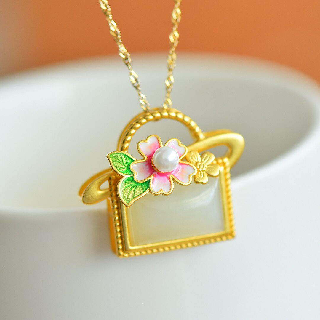 精美工艺s925银镶和田玉羊脂玉油润时尚包包吊坠送银链礼盒5527-6