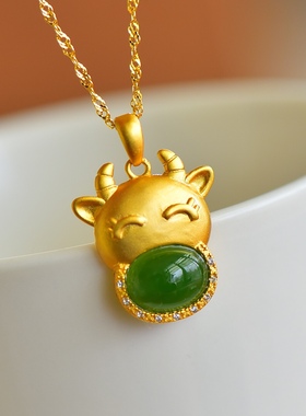 震惊啦手工精制s925银镶和田玉碧玉卡通牛吊坠送银链礼盒10667-6