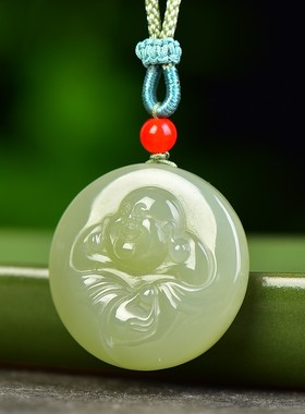 抢疯啦和田玉青海料冰种湖水青油润细腻精雕细琢笑佛吊坠D15337