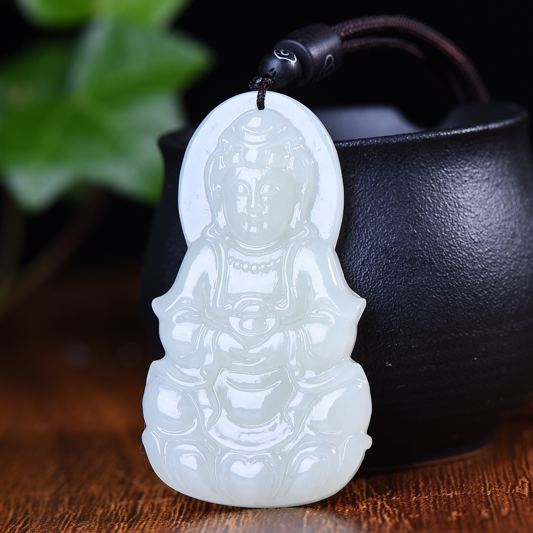 带证书天然和田玉羊脂玉细润油冰白精雕招财进宝元宝观音吊坠3234