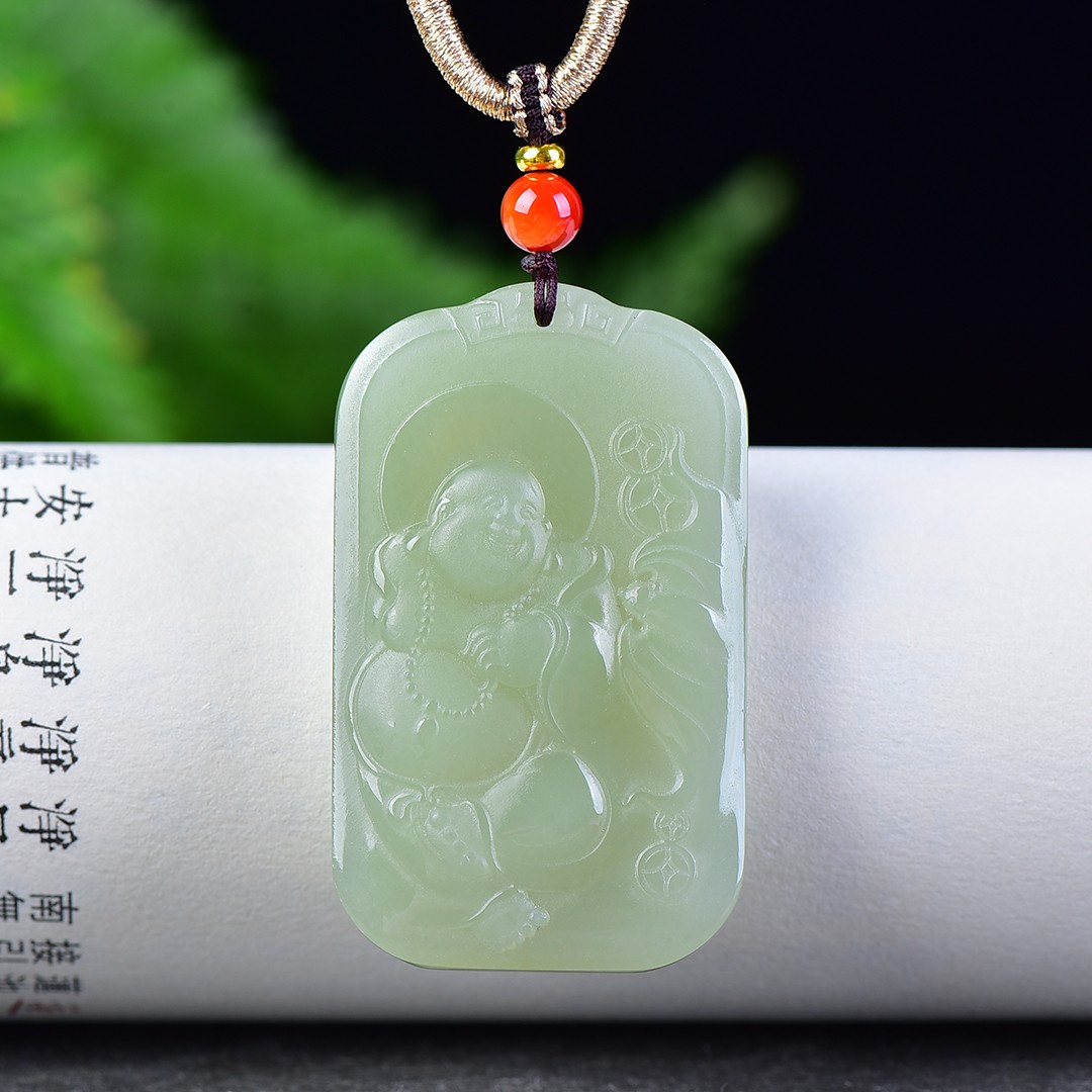 收藏级精雕和田玉青海钢板料冰底晴水细腻无结构弥勒佛牌子D15061