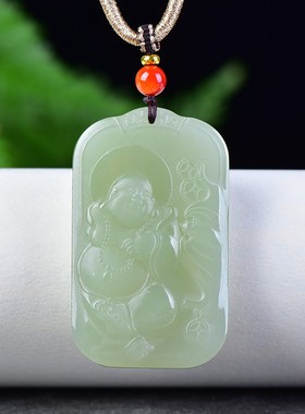 收藏级精雕和田玉青海钢板料冰底晴水细腻无结构弥勒佛牌子D15061