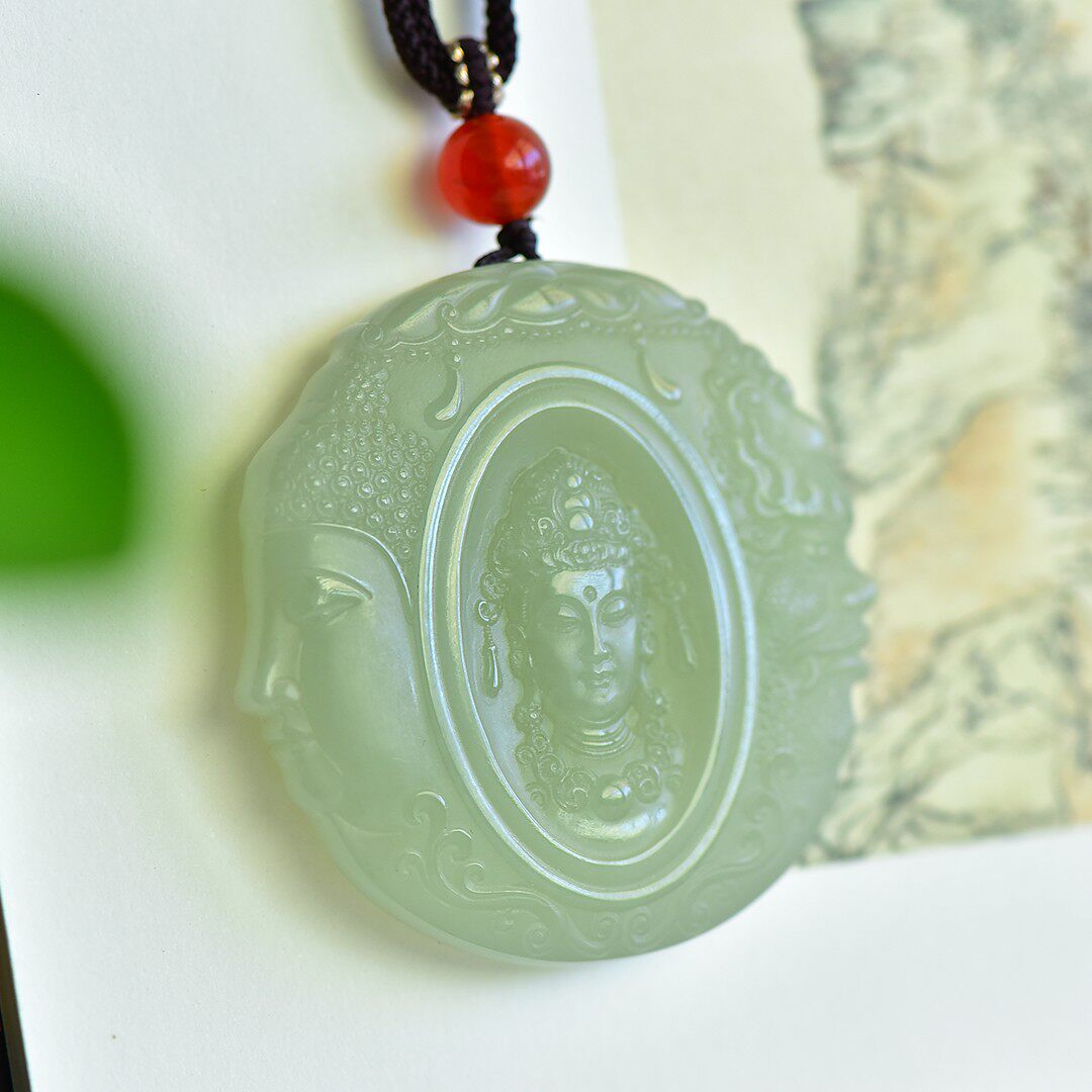 佩戴级和田玉青海镯心料冰底晴水高冰高油玉质干净观音牌子D15050