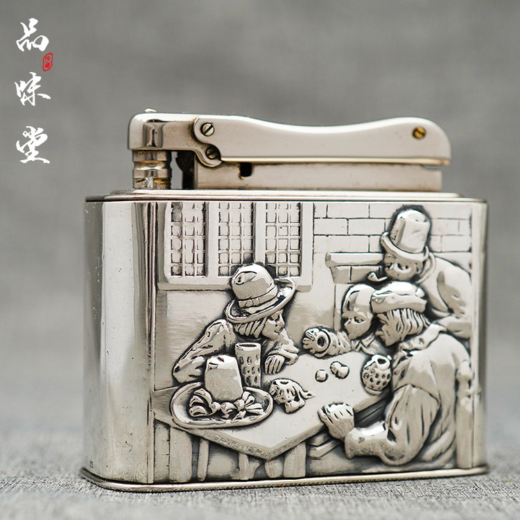 1952年德国产IBELO爱比乐古董打火机台式机935纯银手工浮雕小酒馆