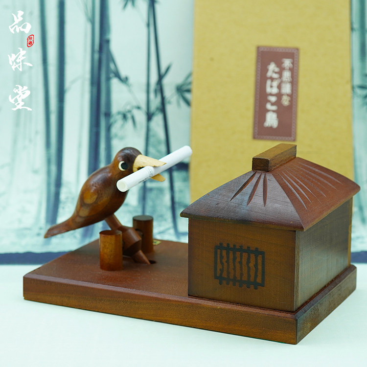 早期日本匠人手工实木小鸟烟盒烟具鲁班自动出烟桌面复古个性收藏