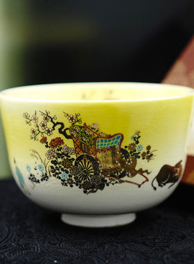 日本花月窑手绘描金战国风茶碗 开片釉人物茶道主人杯藏品