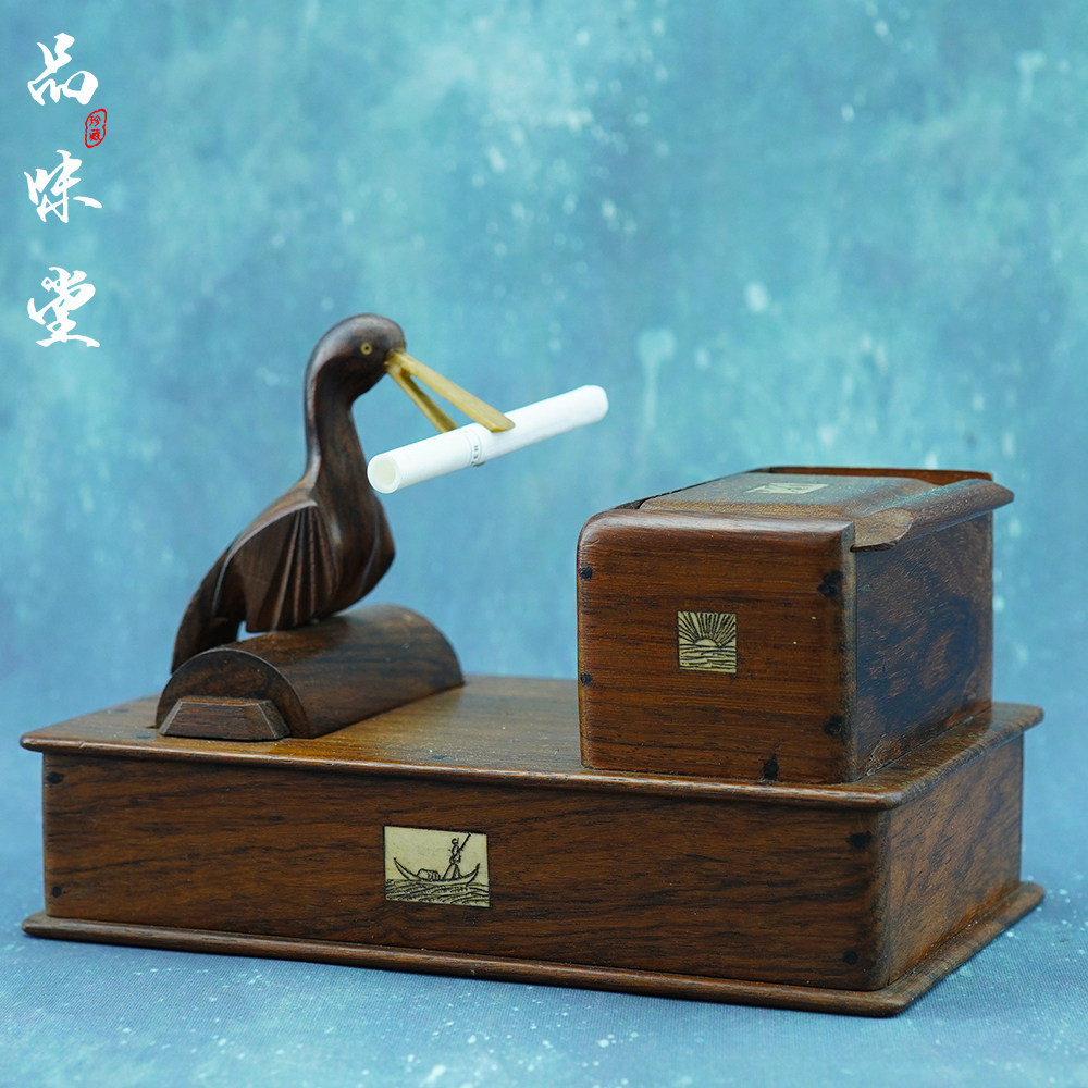 早期日本手工雕刻花梨木实木小鸟自动出烟个性复古男烟盒烟具收藏