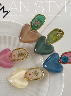 熹悦阿斓新款珍珠椭圆流沙颗粒感滴胶水绿叶粉色夹子饰品边夹顶
