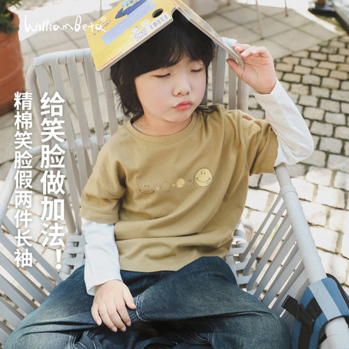 小新贝塔-精全棉&笑脸加法T~秋新款笑脸假两件儿童长袖T恤