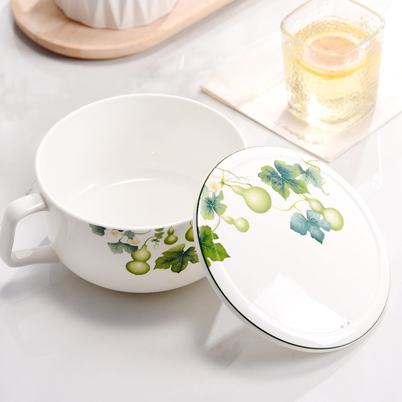 金岚玉骨瓷带把瓷盖泡面碗单个带盖大号手柄碗家用泡面碗防烫碗