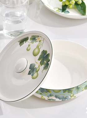 金岚玉唐山骨瓷7英寸窝碗带瓷盖把手大碗盖碗带揪微波炉菜碗