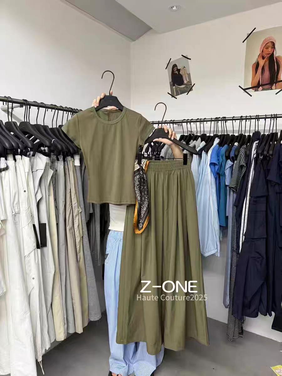 Z-one 韩版时尚百搭设计感小众短袖T恤+阔腿裤套装女夏显瘦带丝巾