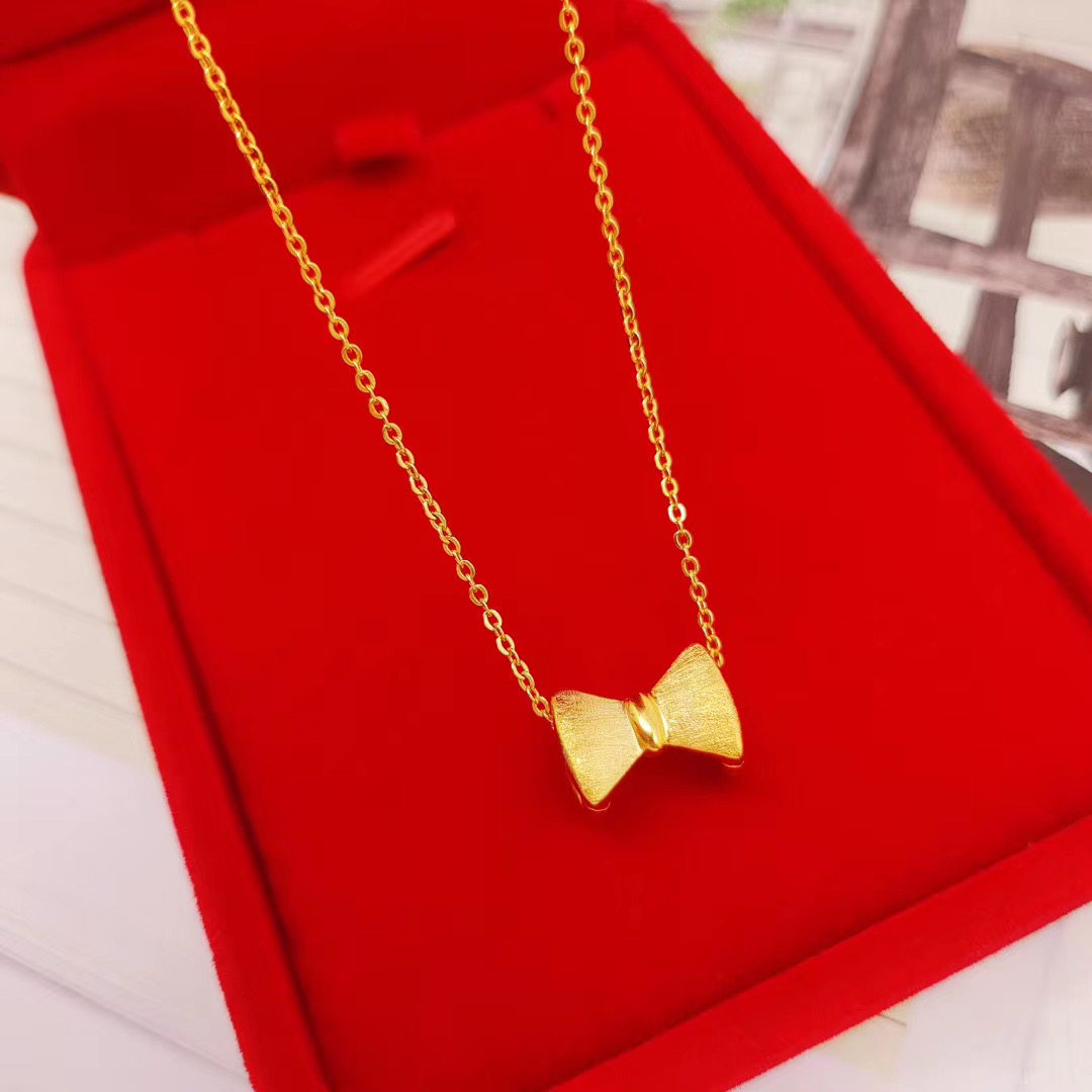 2020金店同款蝴蝶结吊坠项链女 24k铜镀金仿黄金细锁骨链沙金饰品