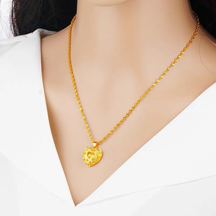 越南沙金爱心项链女 镀24K金心形吊坠仿真黄金时尚镂空锁骨链项坠