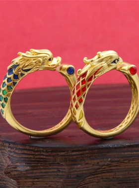 男女沙金复古古法烤蓝龙凤戒指