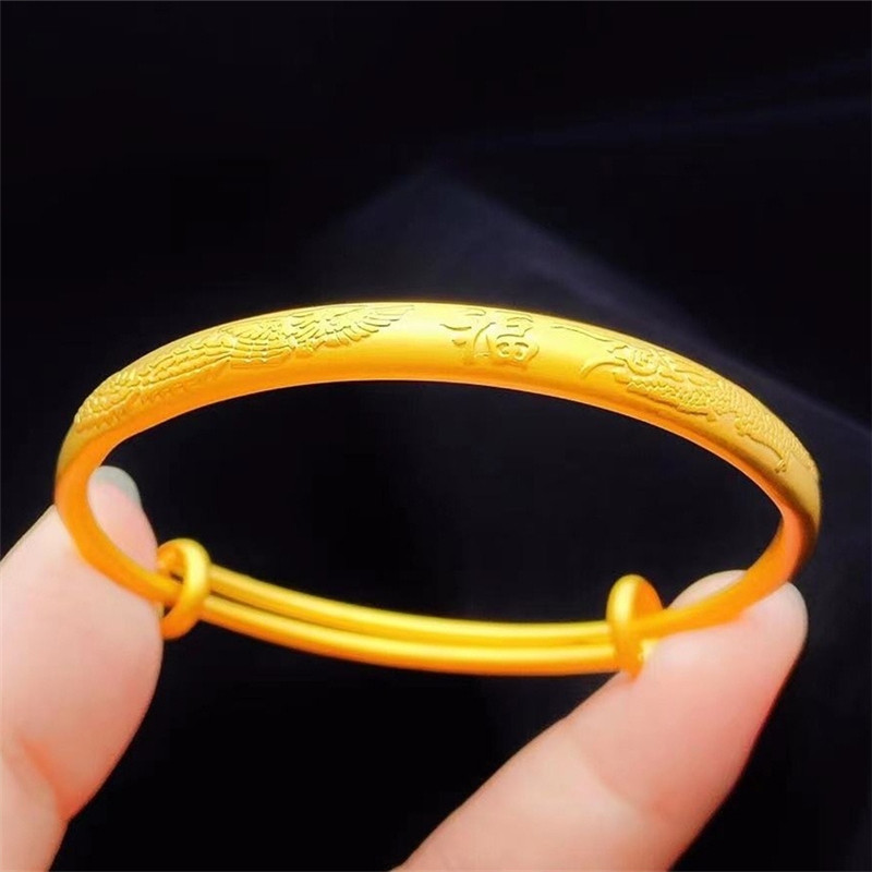 仿真越南沙金手镯女 24K铜镀金龙凤福手镯假黄金镯子结婚婚庆首饰