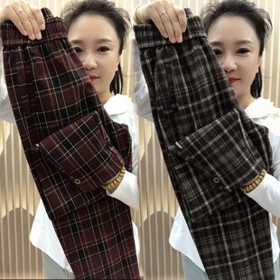 小个子秋冬季加厚老爹裤女显瘦百搭萝卜裤宽松2026毛呢格子九分裤
