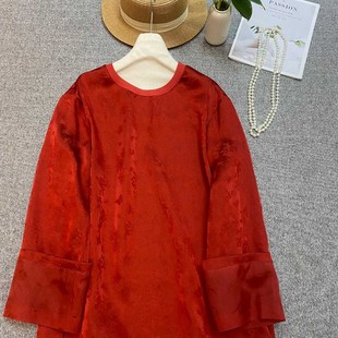 可可-酒红提花真丝上衣国风宽松微喇真丝袖藏肉小衫YS205-G413