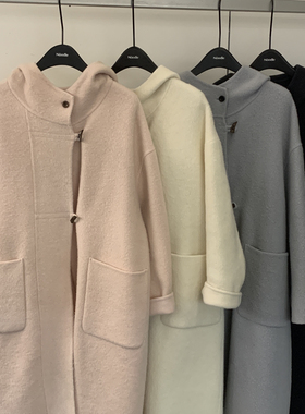 Cecil质大衣韩系温柔系连帽长款小牛角扣羊毛外套N81069