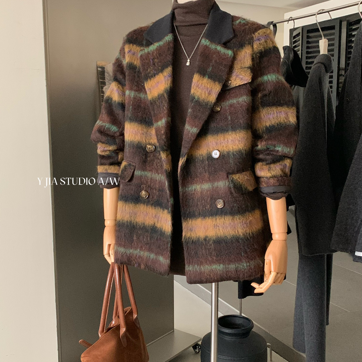 Cecil冬日氛围感复古格纹夹棉加厚西装7821-55